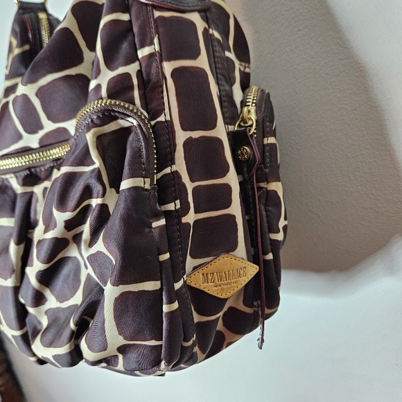 MZ Wallace Giraffe Nylon Leather Bag Satchel Elsa Tan Brown Red Pouch Pockets - Picture 5 of 8